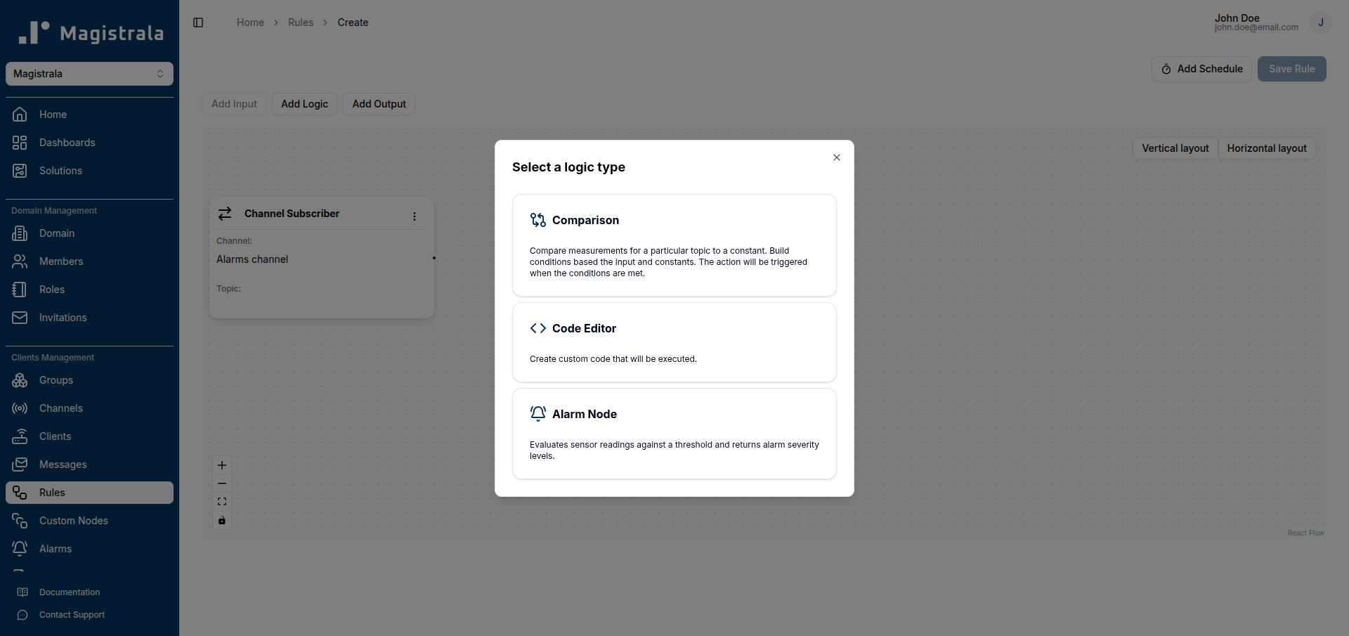 Select a logic type dialog showing a custom node