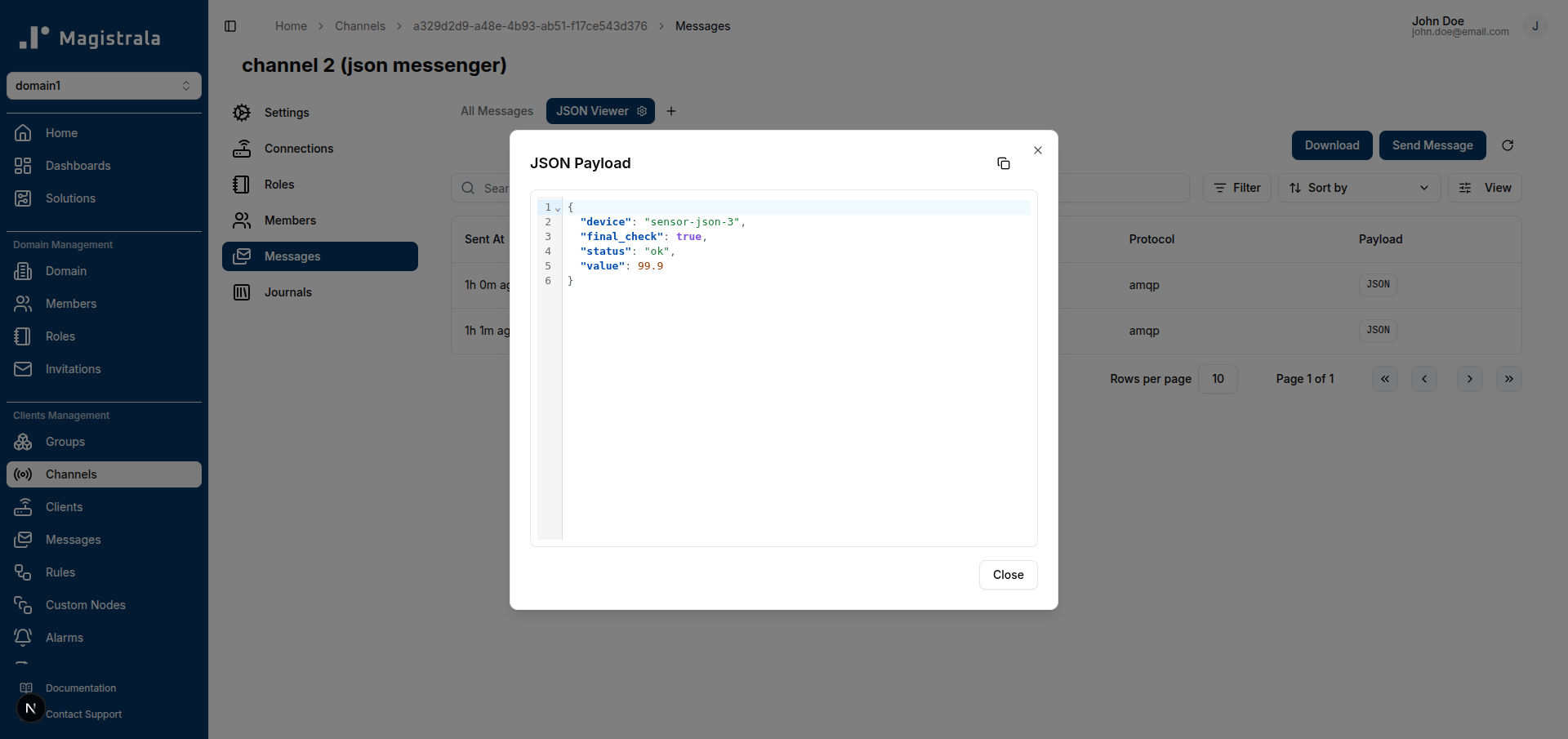JSON Payload dialog showing a formatted, syntax-highlighted message